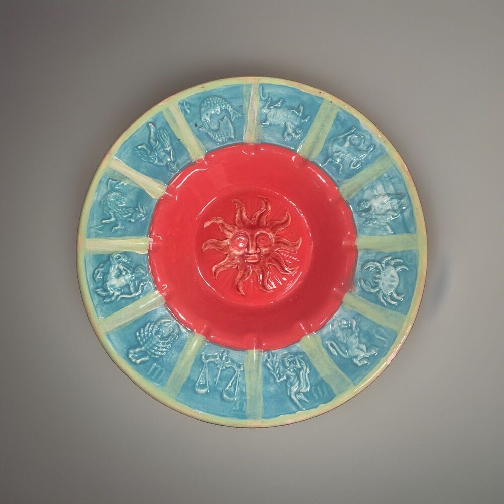 Vtg 60’s Signed Pottery Zodiac Horoscope Astrology Ashtray 10” Rare Multi Color
